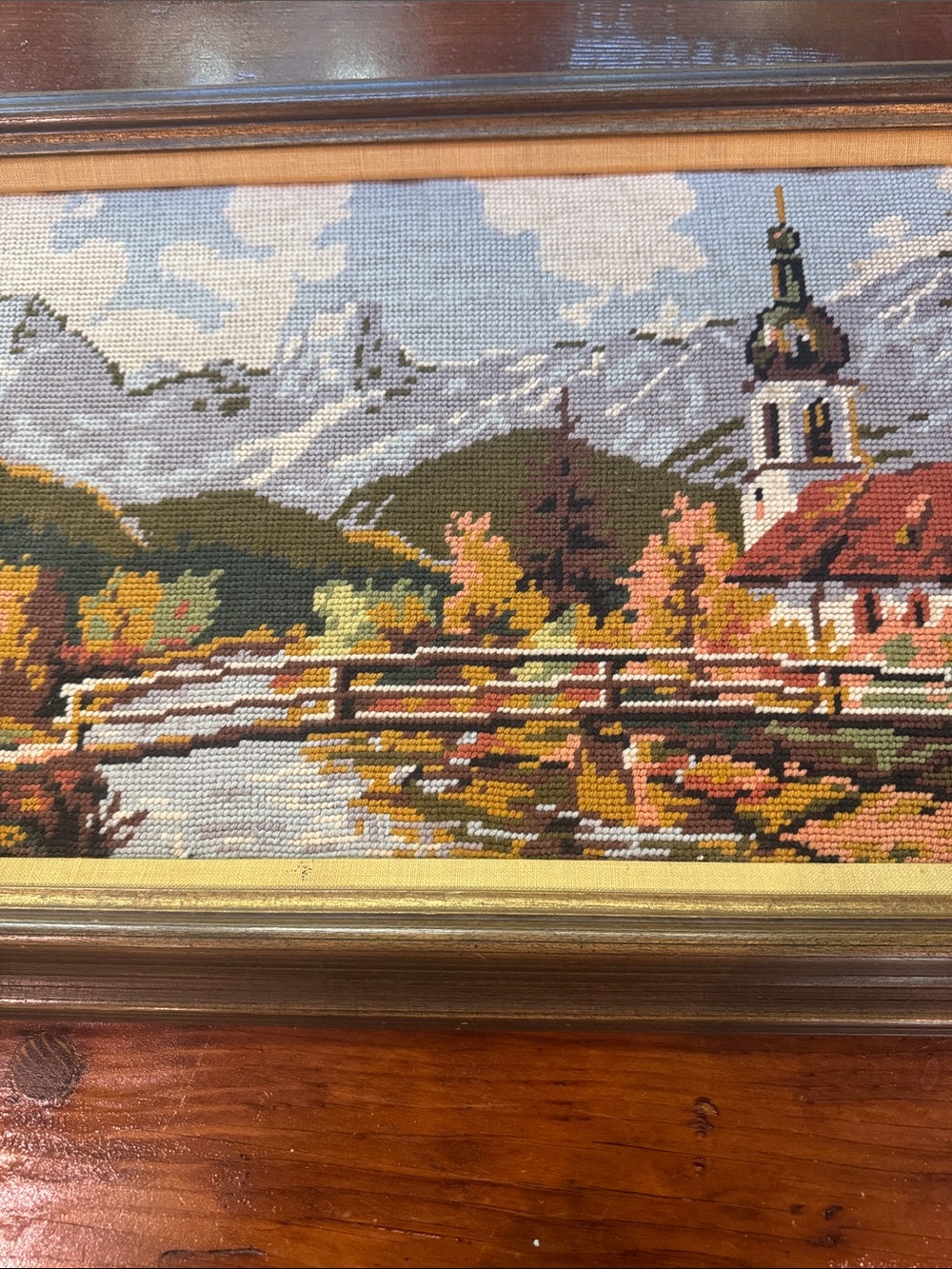 Vintage Needlepoint - church with mountains, water and bridge